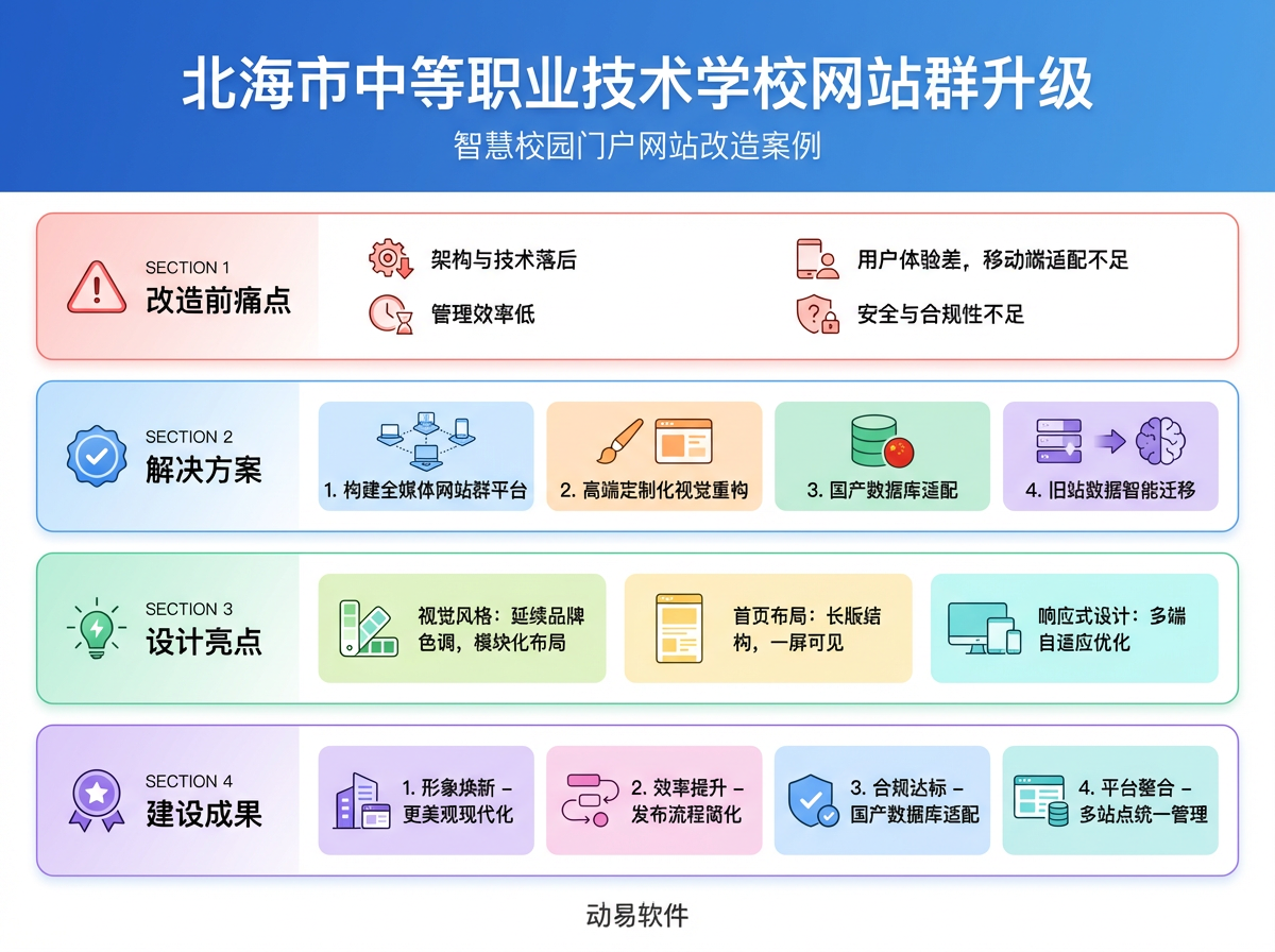 北海市職業(yè)技術(shù)學(xué)校網(wǎng)站群升級(jí)信息圖